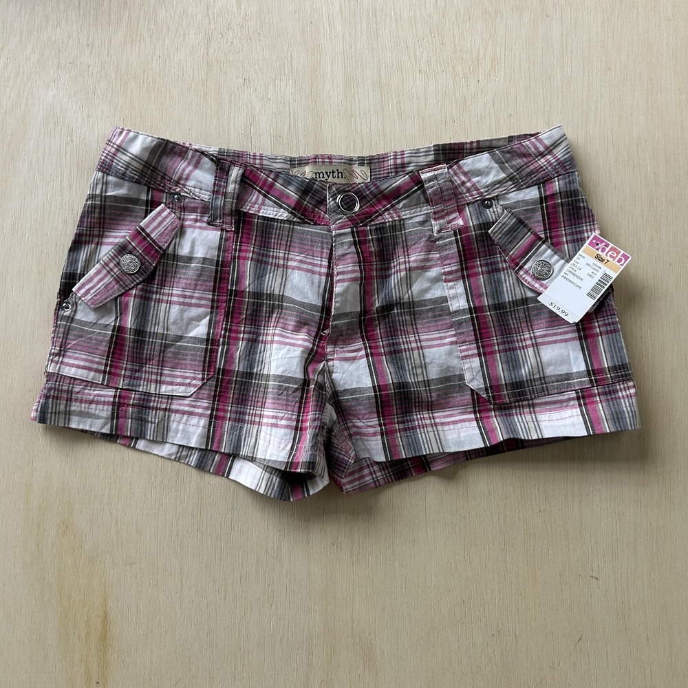 Y2K Plaid Micro Shorts Myth Chino Womens 7 26W Cotton Stretch Summer Casual